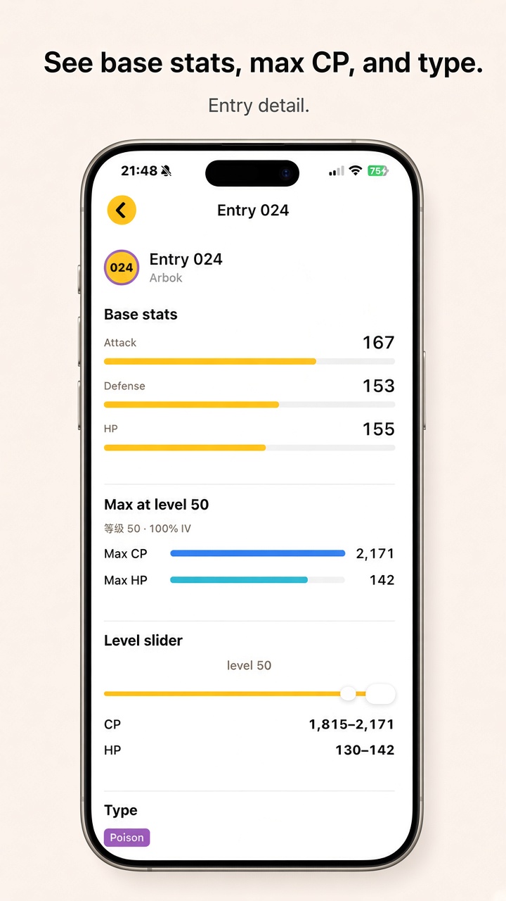 See base stats, max CP, and type