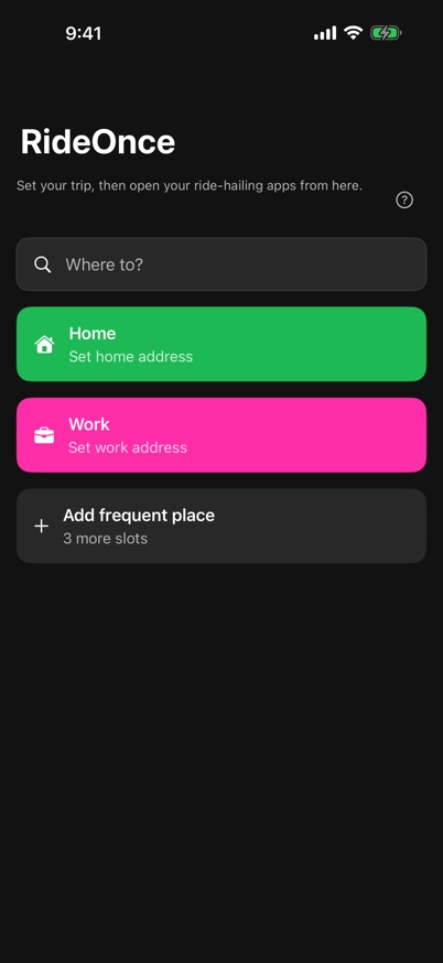 RideOnce home screen